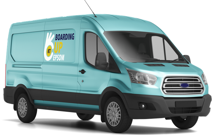 Turquoise van with Boarding Up Epsom branding